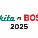 A graphic with the text "Makita and Bosch" and "2025" on a gray background, representing a comparison of the two power tool brands.