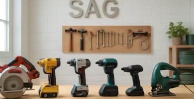 Budget vs Premium Power Tools comparison in a Smart AI Gears workshop, showcasing a mix of tools for various projects.