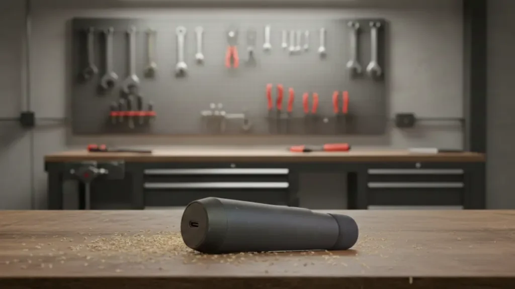 The sleek black HOTO electric screwdriver on a light wood workbench, a top-performing Ninja Foodi of precision tools as reviewed by Tool Tested.