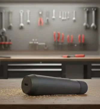 The sleek black HOTO electric screwdriver on a light wood workbench, a top-performing Ninja Foodi of precision tools as reviewed by Tool Tested.