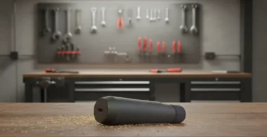 The sleek black HOTO electric screwdriver on a light wood workbench, a top-performing Ninja Foodi of precision tools as reviewed by Tool Tested.