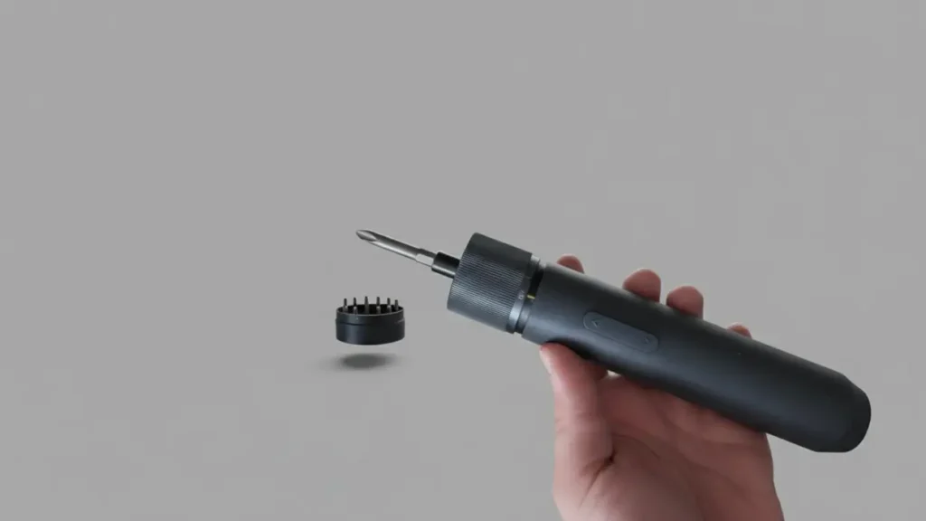 A user holding the HOTO electric screwdriver with a long S2 steel bit, alongside its magnetic bit storage holder.