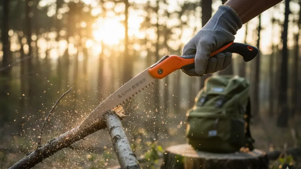 A person using the GROWIT Camping Saw to cut through a wooden branch in a forest setting, reviewed by Tool Tested.