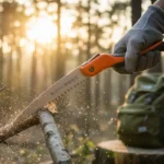 A person using the GROWIT Camping Saw to cut through a wooden branch in a forest setting, reviewed by Tool Tested.