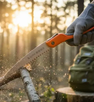 A person using the GROWIT Camping Saw to cut through a wooden branch in a forest setting, reviewed by Tool Tested.