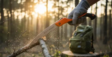 A person using the GROWIT Camping Saw to cut through a wooden branch in a forest setting, reviewed by Tool Tested.