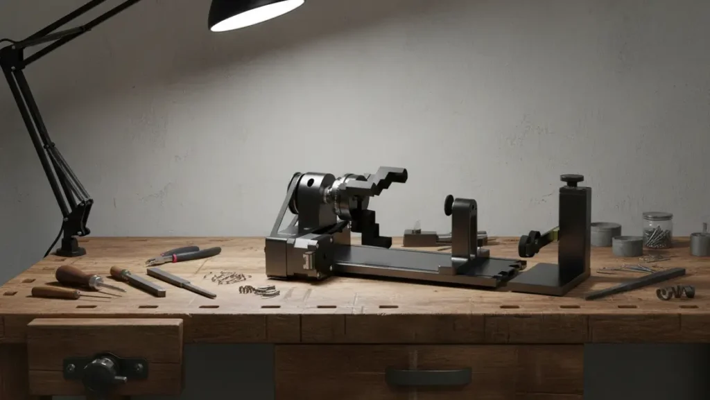 A high-quality xTool RA2 Pro laser rotary attachment being tested on a wooden workbench for a Tool Tested product review focusing on the xTool RA2 Pro Review keyword.