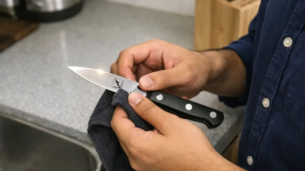 Person wiping a chef knife blade