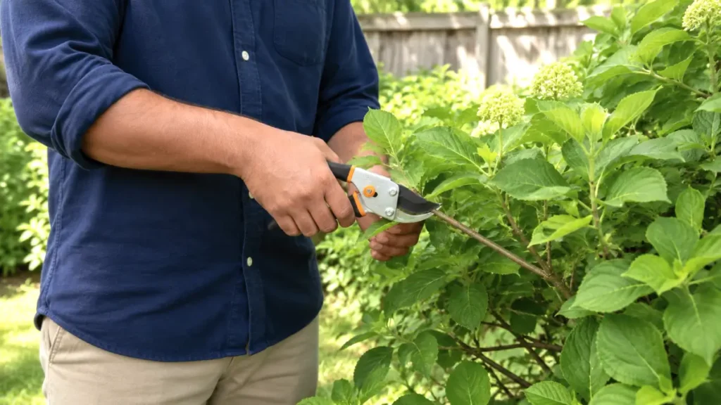Slicing through live green branches with bypass garden clippers