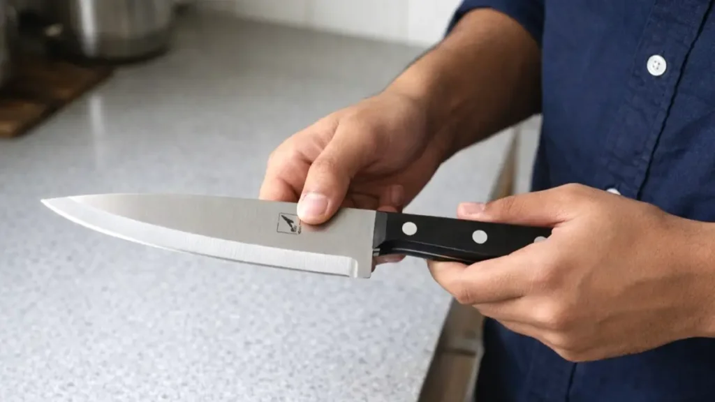 Two‑handed hold showing knife handle and blade profile
