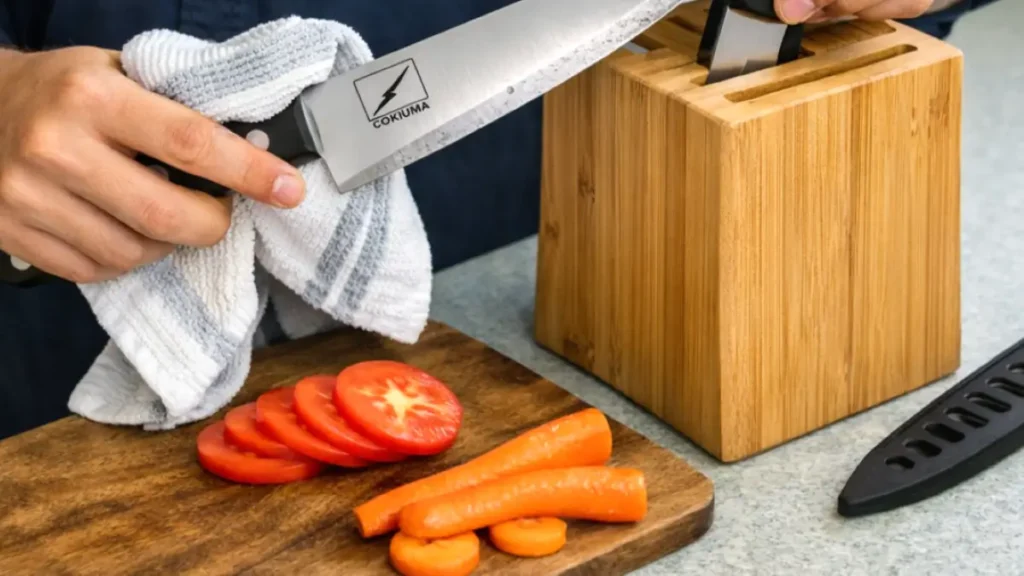 Chef knife being placed into a wooden block next to sliced veg