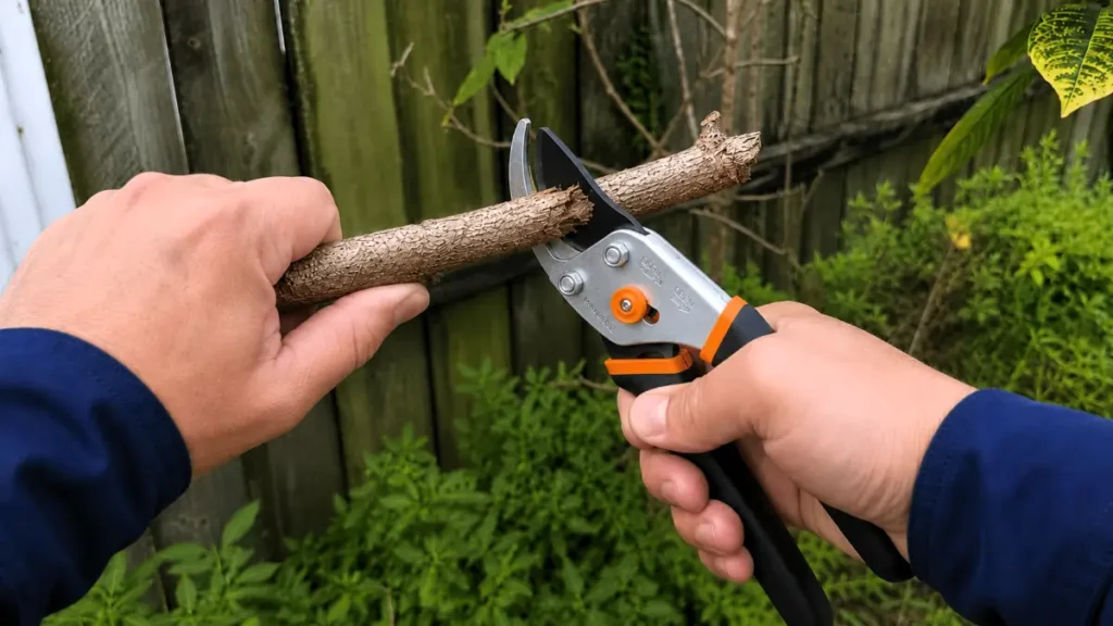 Pruning shears struggling to cut a thick dead branch