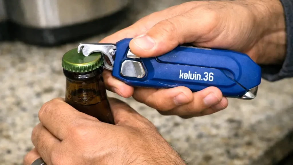 Hands opening a bottle using a multi‑tool bottle opener.