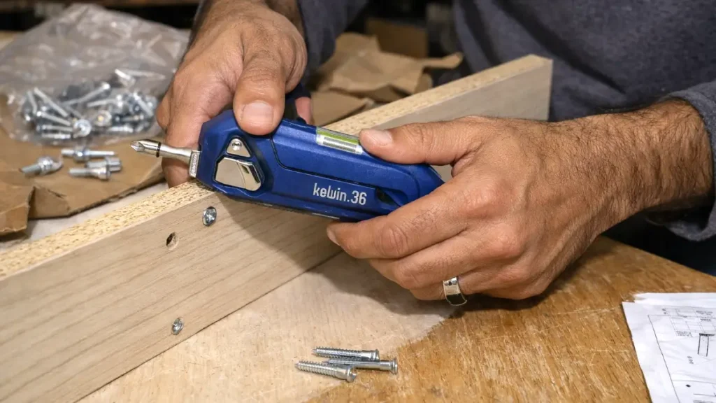 Hands tightening screws on a flat‑pack bookshelf using a multi‑tool.