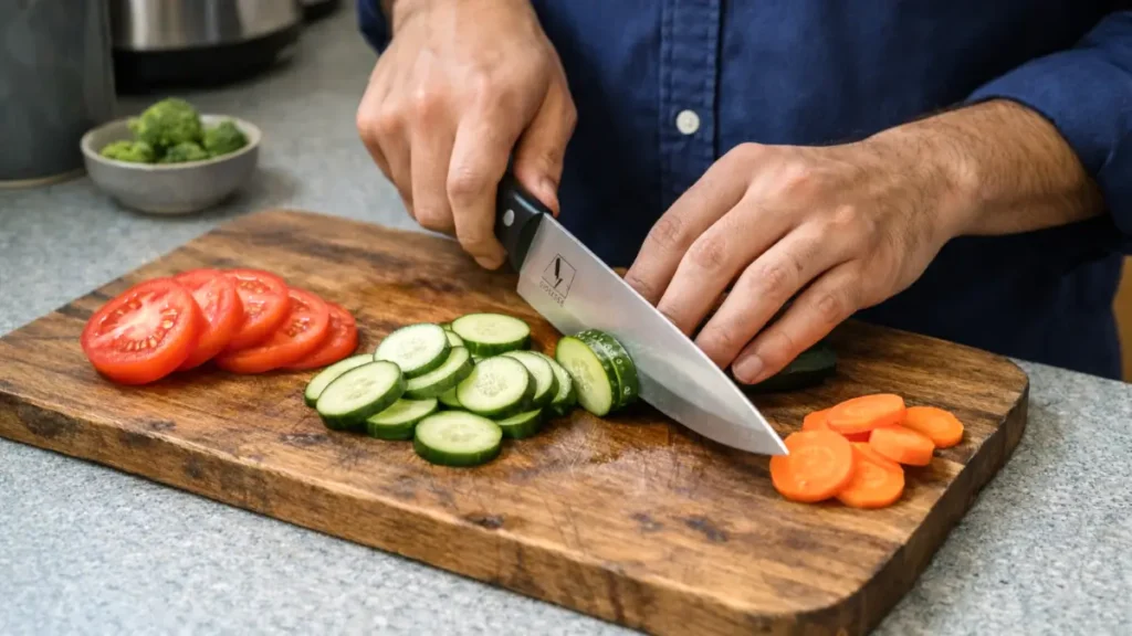 Person slicing tomatoes and cucumbers on a wooden board