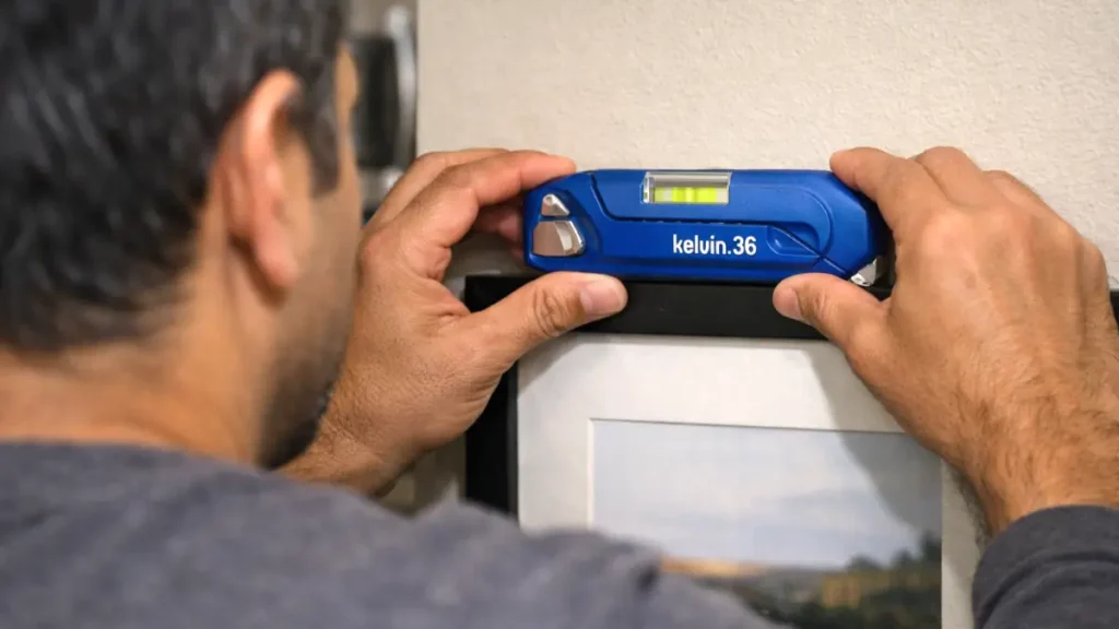 A man leveling a picture frame using a multi‑tool with an integrated level.