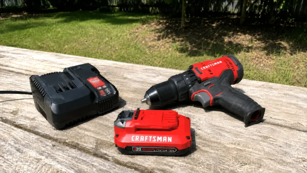 20V max cordless power tool next to its compact lithium-ion battery and charging station.